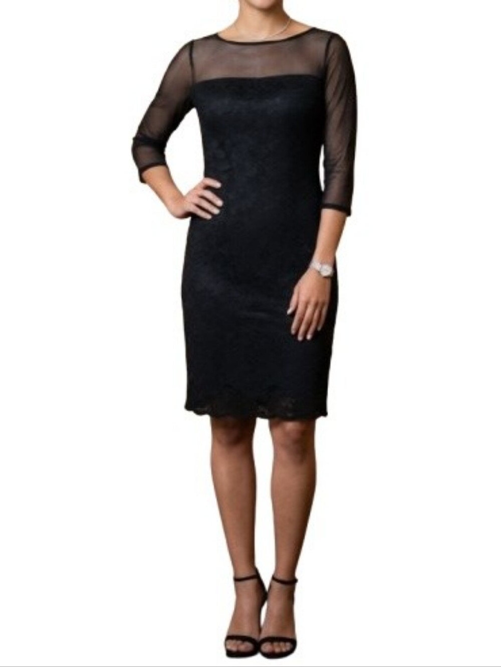 Adrianna Papell Black Lace Short Dress Mesh Illusion Neckline 3/4 Sleeves
